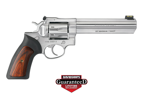 RUGER GP100 357MAG 6" ADJ. SS RUBBER W/HARDWOOD 7-SHOT - for sale