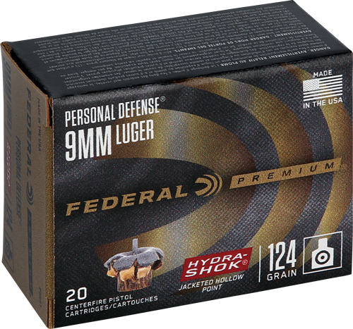FEDERAL PREMIUM 9MM LUGER 124G HYDRA-SHOK JHP 20RD 25BX/CS - for sale